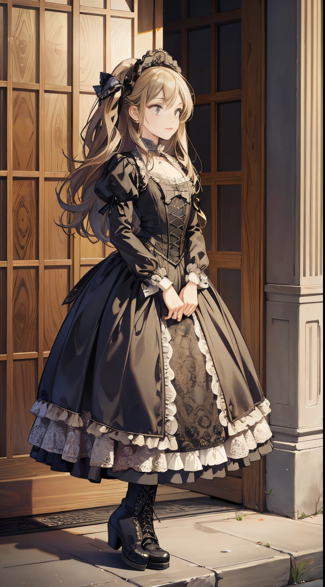 A woman in a dress and boots is standing in front of a building, baroque dress, in detailed steampunk dress, an elegant gothic princess, victorian gothic ****ta fashion, Historical Baroque Dress Dark, black gothic ****ta dress, fantasy style clothing, rococo dress, black rococo, classical witch, fantasy outfit, wearing a gothic dress, romantic dress, gothic dress