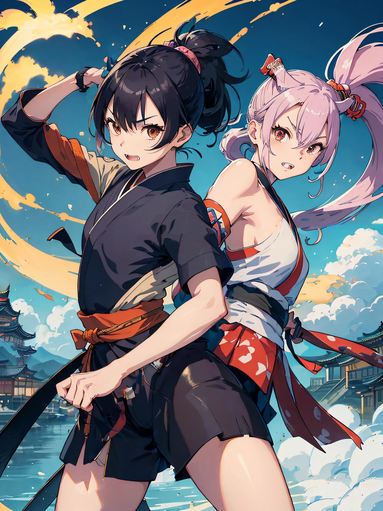 Curvaceous but slender、(top-quality、hight resolution、8K、masterpiece:1.2)。(Kunoichi、colourfull、blurry backround、Slashing、Depiction in motion、extraordinary aura、poneyTail、well-muscled、double tooth、canine teeth、Original Character、)Edo period townscape with Osaka Castle visible in the distance、A kunoichi has a small sword.、preparing to join the battle.。Kunoichi wears flashy and colorful kimono.、A gentle breeze is blowing。 Kunoichi is smiling、i'I'm quietly waiting for the moment to draw my sword.。Use this prompt to、do the following、The moment when the female Zatoichi draws her sword、Edo、Please hold your sword in a cool manner before drawing it..。shuriken、kunai、smokescreen、Makibishi、Wacky hair、disheveled hair、Ponite、