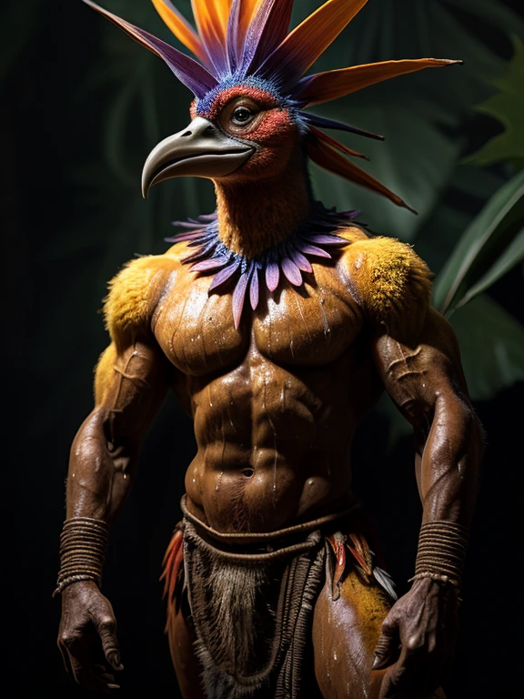 sweat drops, photography, (cool posing:1.1025), , ultra realism shading, anthro, red,yellow, white,((bird of paradise)), photorealistic, nude, suggestive, (rembrandt:1.1025), huge pecs, tribal, warrior, biceps, (loincloth:1.05), tiny small waist, slim hunk, nsfw, white belly
