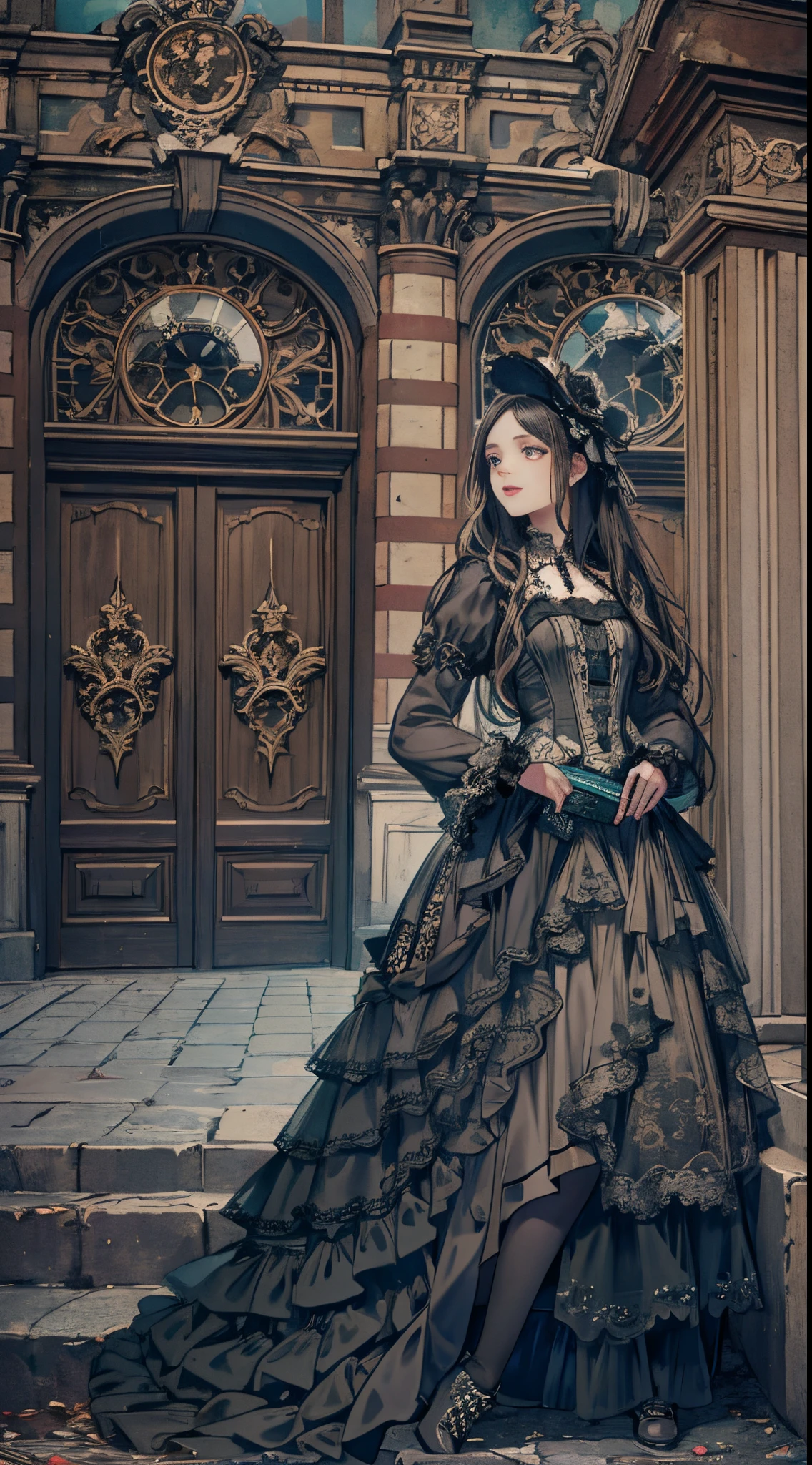 A woman in a dress and boots is standing in front of a building, baroque dress, in detailed steampunk dress, an elegant gothic princess, victorian gothic ****ta fashion, Historical Baroque Dress Dark, black gothic ****ta dress, fantasy style clothing, rococo dress, black rococo, classical witch, fantasy outfit, wearing a gothic dress, romantic dress, gothic dress