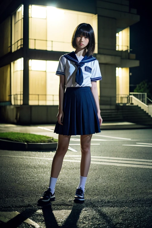 ((Inside a broken concrete building))、((Beautiful japanese girl))、a beauty girl、Cute same school uniform、Same sailor suit、18year old、bangla hair straight short hair, Height 170cm、8th class、Tough expression、(glares)、(Angry look)、((Long skirt to hide the knees))、((Navy long skirt below knee length))、Pitch black night、total darkness、(deep in the night)、the wind、Thin leg、Niō Standing、put strength into your body、((Photography equipment、Photography Staff、Reflector))、