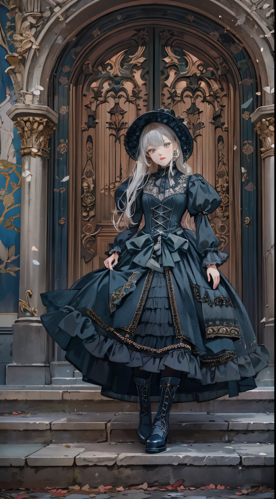 A woman in a dress and boots is standing in front of a building, baroque dress, in detailed steampunk dress, an elegant gothic princess, victorian gothic ****ta fashion, Historical Baroque Dress Dark, black gothic ****ta dress, fantasy style clothing, rococo dress, black rococo, classical witch, fantasy outfit, wearing a gothic dress, romantic dress, gothic dress