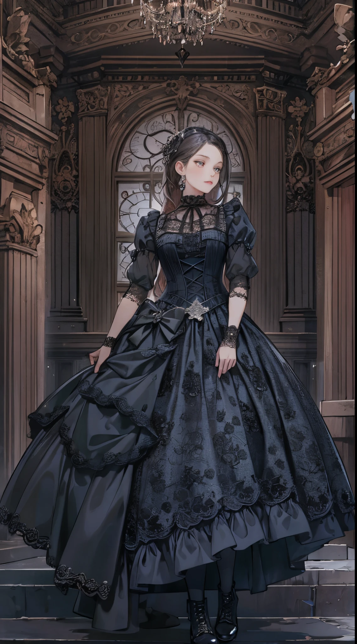 A woman in a dress and boots is standing in front of a building, baroque dress, in detailed steampunk dress, an elegant gothic princess, victorian gothic ****ta fashion, Historical Baroque Dress Dark, black gothic ****ta dress, fantasy style clothing, rococo dress, black rococo, classical witch, fantasy outfit, wearing a gothic dress, romantic dress, gothic dress