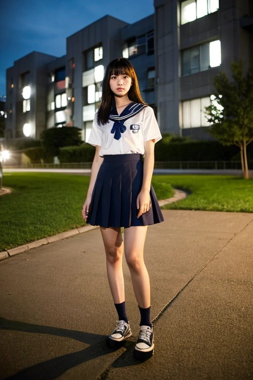 ((Inside a broken concrete building))、((Beautiful japanese girl))、a beauty girl、Cute same school uniform、Same sailor suit、18year old、bangla hair straight short hair, Height 170cm、8th class、Tough expression、(glares)、(Angry look)、((Long skirt to hide the knees))、((Navy long skirt below knee length))、Pitch black night、total darkness、(deep in the night)、the wind、Thin leg、Niō Standing、put strength into your body、((Photography equipment、Photography Staff、Reflector))、