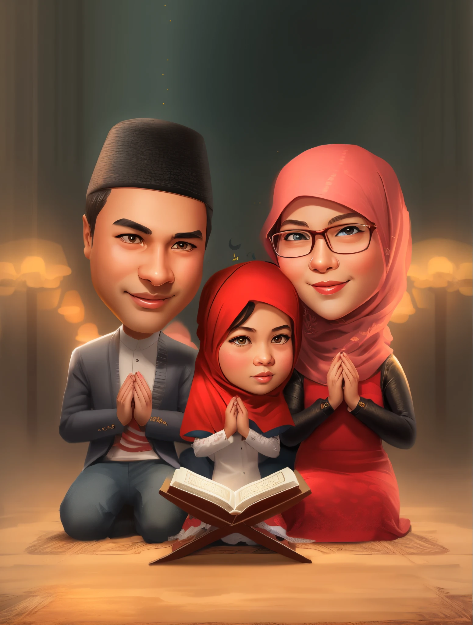 cartoon of a muslim family reading a Koran together, caricature illustration, an indonesian family portrait, happy family, full protrait, family, potrait, cartoon digital painting, cartoon style illustration, caricature style, digital cartoon painting art, by Abidin Dino, portrait shot, illustartion, caricature, family portrait, children, 1 0 0 1 night, cartoon digital art