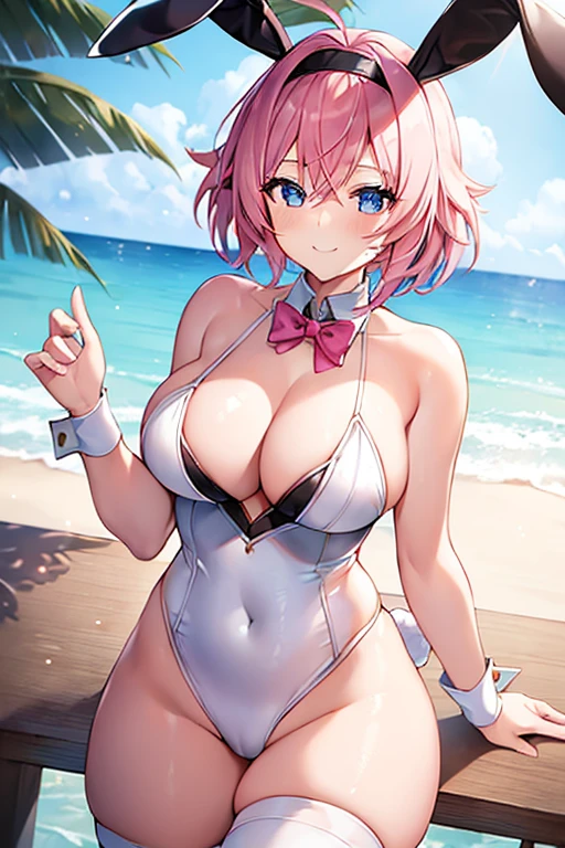 1girl, pink hair, very short hair, large breasts, breasts, wide hips, thick thighs, eula /(genshin impact), Eula /(Genshin Impact/), short hair, bunny ears, rabbit ears, fake animal ears, white bunnysuit, bunnysuit, black shorts, shorts, smile, light smile, blue eyes, black headband