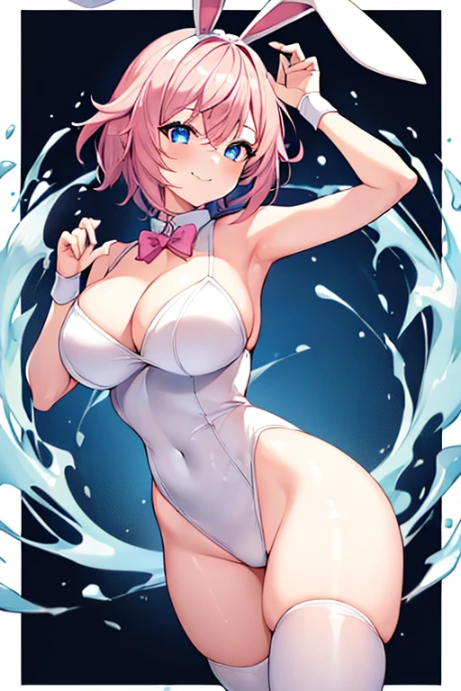 1girl, pink hair, very short hair, large breasts, breasts, wide hips, thick thighs, eula /(genshin impact), Eula /(Genshin Impact/), short hair, bunny ears, rabbit ears, fake animal ears, white bunnysuit, bunnysuit, black shorts, shorts, smile, light smile, blue eyes, black headband