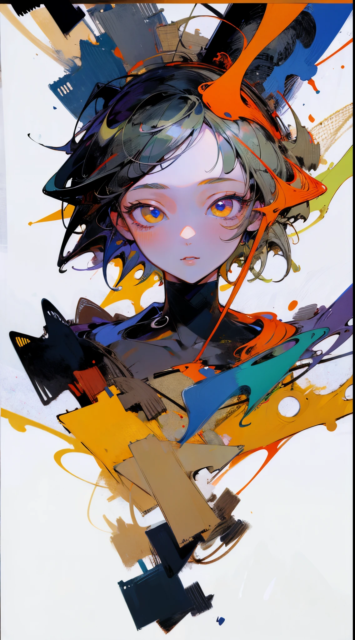 (girl, masterpiece, best quality, upper body:1.4), cute face, (no line, flat color:1.4), (bluish violet and bluish green theme:0.8), dress, (looking at viewer, 8k, 85mm portrait, official art, raw photo, absurdres, cinch waist:0.8), highlight, (floating colorful ink, splash:0.5), (abstract background:1.0), (HDR, facelight, clear lighting, sharp focus, highres, photography, realistic, highest detailed, extreme detailed, ultra detailed, finely detail:0.8), white background, [:(detailed eyes and face:1.4):10]