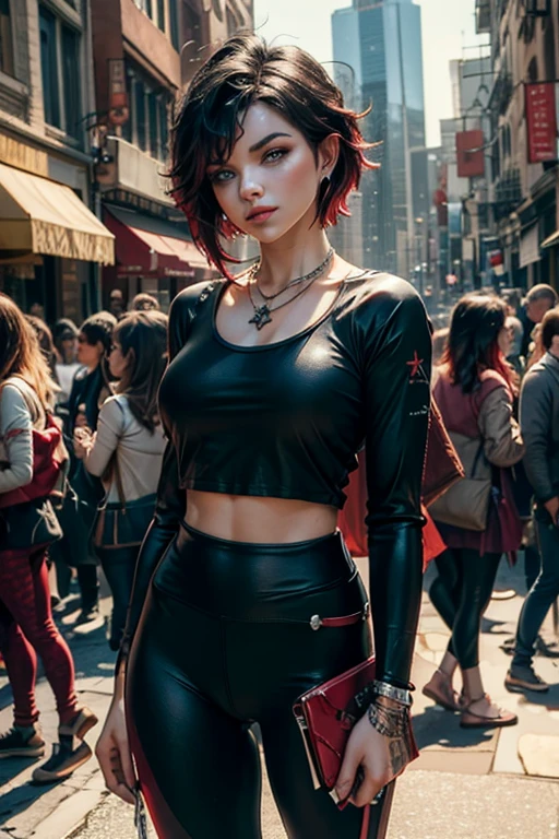 (masterpiece, best quality:1.2), cowboy shot, solo, 1girl, ruby rose, looking at viewer, arms behind back, yoga pants, t-shirt, long sleeves, necklace, bangles, earrings, cityscape, street