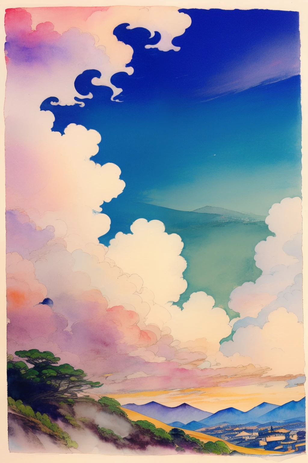 Katsushika Hokusai、ink and watercolor painting、Light shades、pale color、PastelColors、one girls、Kimono、The background a mountain.、Clouds in the sky、top-quality、masuter piece:1.3