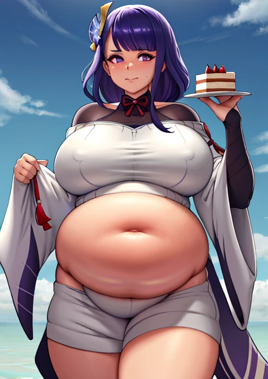 fat, big, belly, overweight, raiden genshin impact, wearing a sweater, big belly, pregnant, third trimester, eating cake, fat