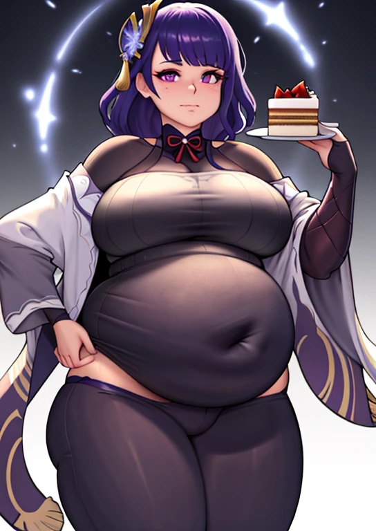 fat, big, belly, overweight, raiden genshin impact, wearing a sweater, big belly, pregnant, third trimester, eating cake, fat