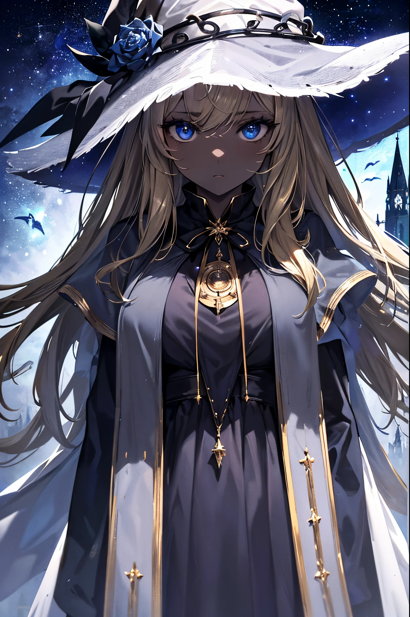 (Masterpiece, Best quality, ultra high resolution),1girl, dark brown skin, blonde hair, large breasts, witch outfit, witch hat, beautiful and detailed face, detailed eyes, detailed nose, the girl is facing the camera bust and up only with a neutral look on her face. Cathedral in the background and the stars as well ((gray and blue theme ))
