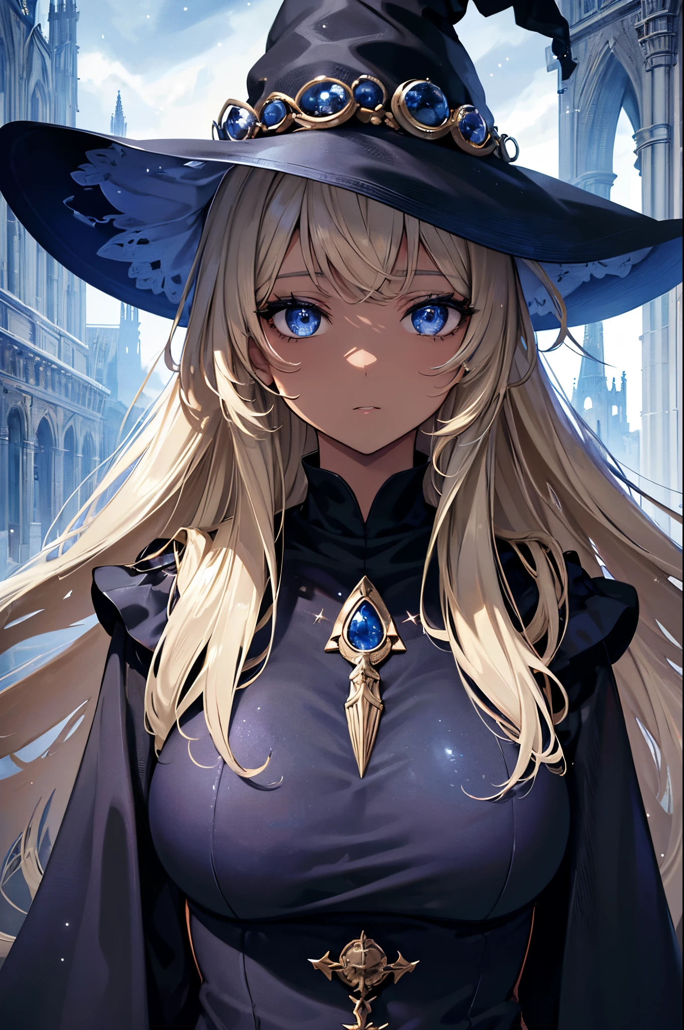 (Masterpiece, Best quality, ultra high resolution),1girl, dark brown skin, blonde hair, large breasts, witch outfit, witch hat, beautiful and detailed face, detailed eyes, the girl is facing the camera bust and up only with a neutral look on her face ((gray and blue theme ))