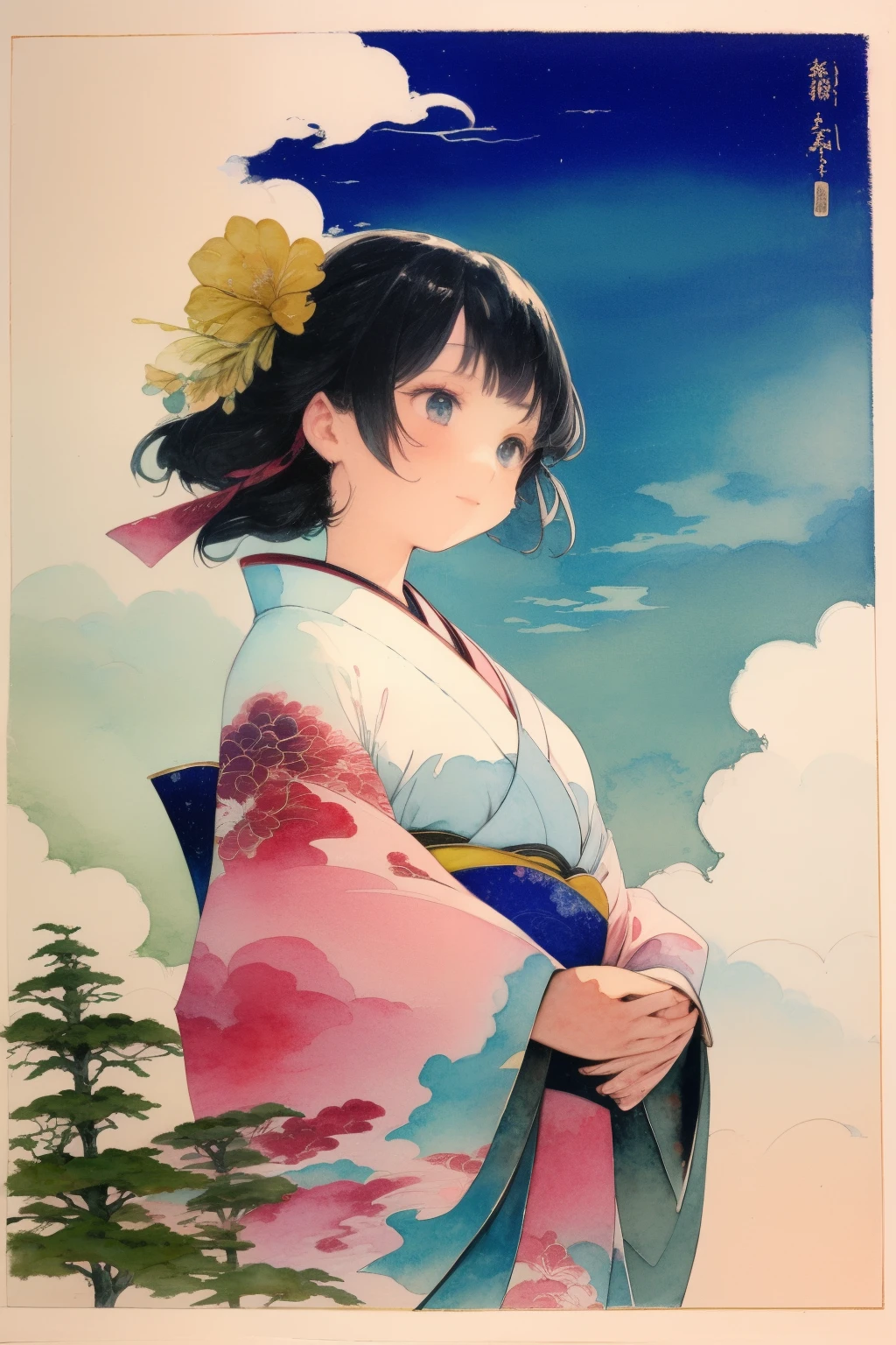Katsushika Hokusai、ink and watercolor painting、Light shades、pale color、PastelColors、one girls、Kimono、The background a mountain.、Clouds in the sky、top-quality、masuter piece:1.3
