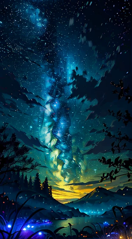 wide landscape photos, (look from down, The sky is above, There is open space below), (moon full: 1.2), (meteors: 0.9), (Starcloud: 1.3), Far Mountain , The tree,artisanal art, (warm lights: 1.2), (glowworm: 1.2), lamp lights, lots of purples and oranges, Complicated details, Volumetric lighting BREAK (tmasterpiece: 1.2), (Best quality at best), 4K, ultra - detailed, (dynamic compositions: 1.4), Rich in detail and color, (Irridescent color: 1.2), (Glow, Ambient lighting), dream-like, magical, (Alone: 1.2)
