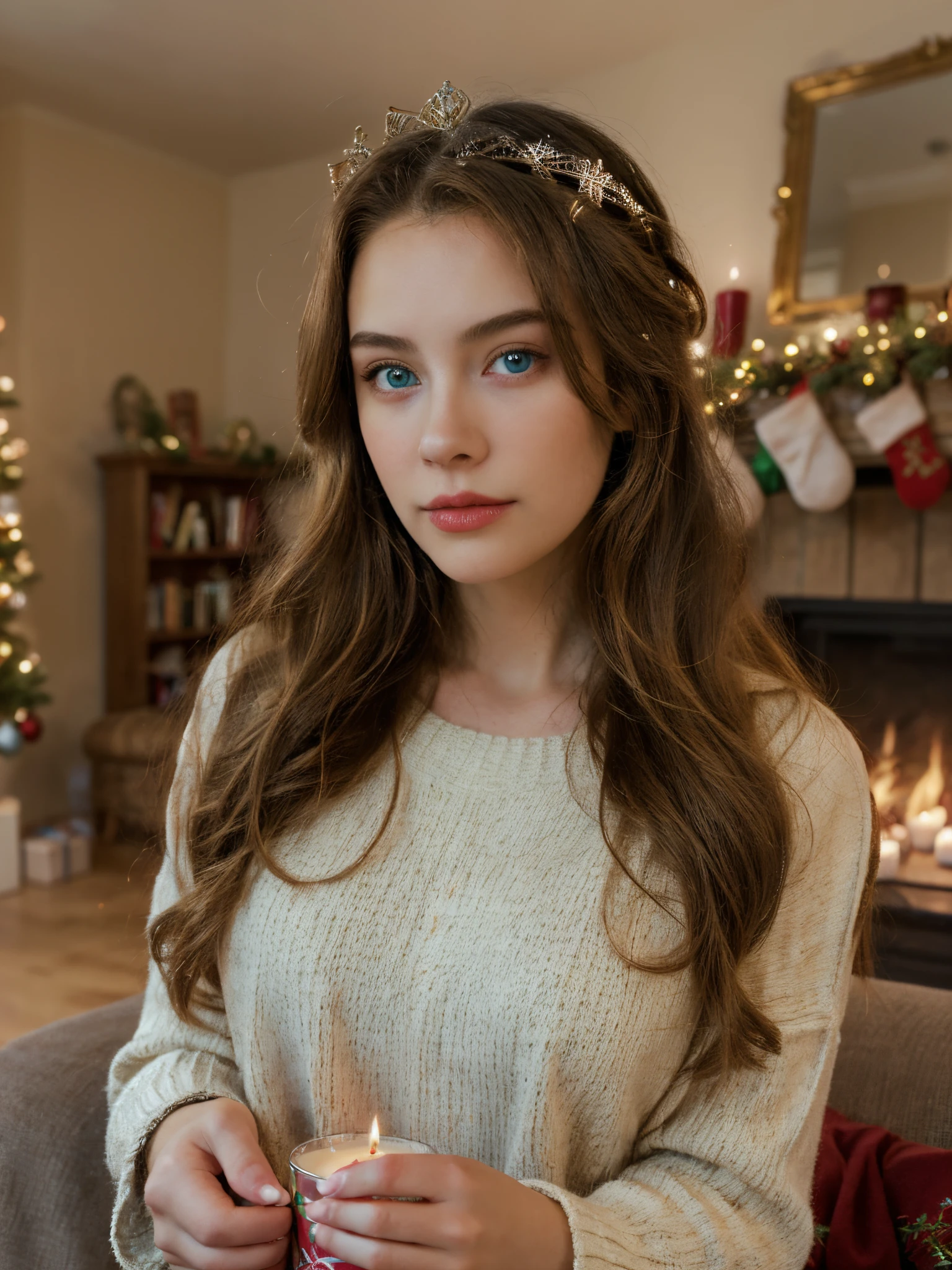1girl, brown hair, long hair, solo, fireplace, indoors, blue eyes, looking at viewer, realistic, christmas tree, lips, table, christmas, tiara, blurry background, long sleeves, upper body, watermark, cup, closed mouth, artist name, sweater, candle, shirt, holding