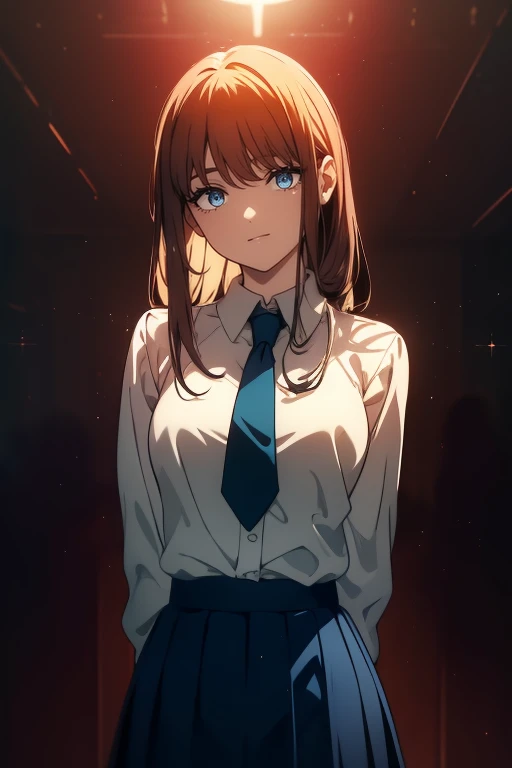 (Obra maestra, La mejor calidad, ultrahigh resolution), 1girl, standing, school uniform, white office shirt, black pleated skirt, ((light brown, light brown hair:0.7)), long hair cut, pale skin, ((blue eyes)), glowing_eyes, neon eyes, (ultra detailed eyes:0.7, beautiful and detailed face, detailed eyes:0.9), ((centered)), smile, ((wide shot)), facing viewer, eye level, ((vibrant background, retro sunset, palm tree)), flat chested, looking at viewer, ((half closed eyes)), ((perfect hands)), (((head:0.9, arms, hips, elbows, in view))), ((hands behind back)), empty eyes, beautiful lighting, outside, outdoors, background, defined subject, 25 years old, (head tilt), (((vintage lighting)))