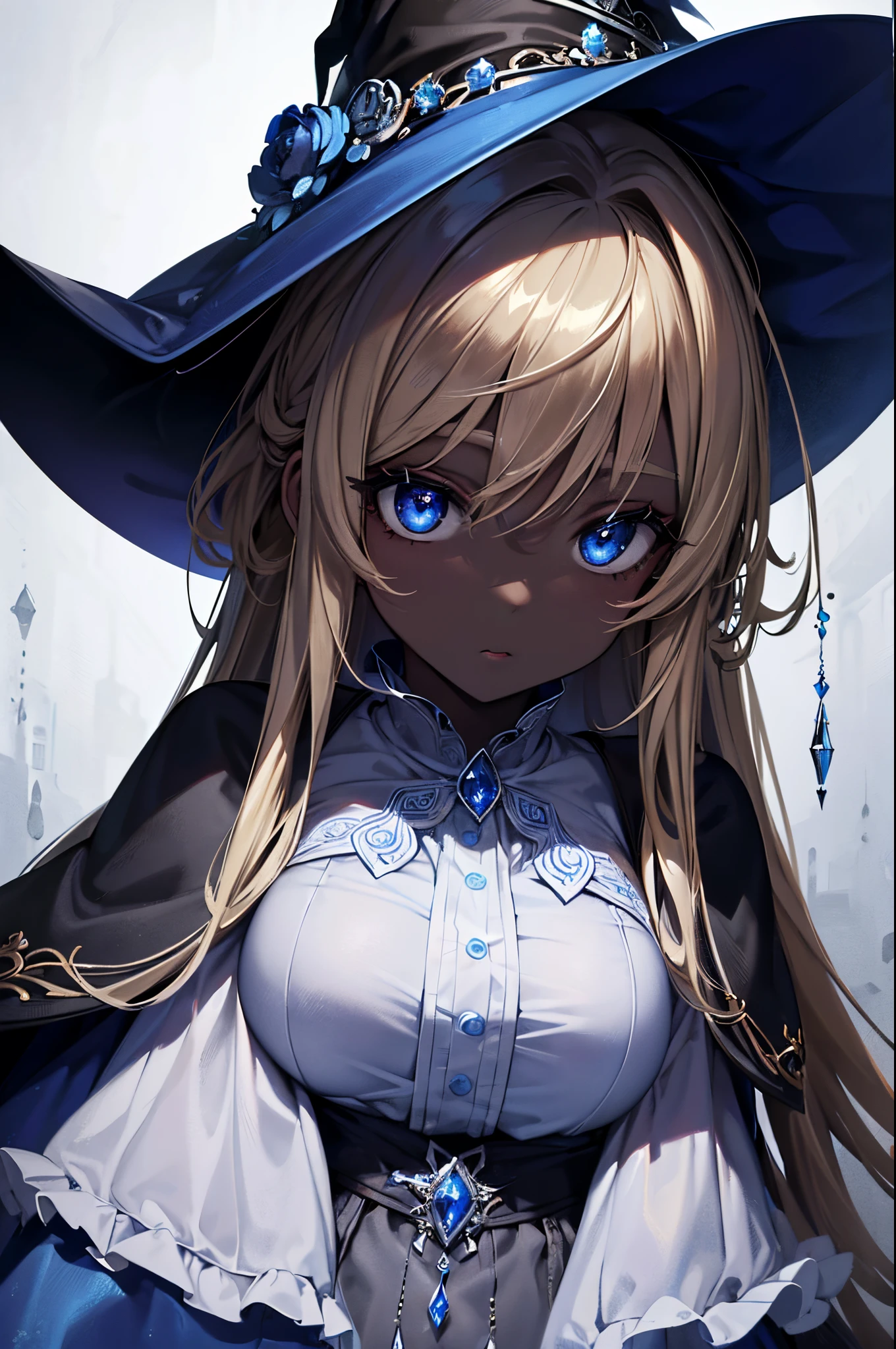 (Masterpiece, Best quality, ultra high resolution),1girl, dark brown skin, blonde hair, large breasts, witch outfit, witch hat, beautiful and detailed face, detailed eyes, detailed nose, the girl is facing the camera with a neutral look on her face ((gray and blue theme ))