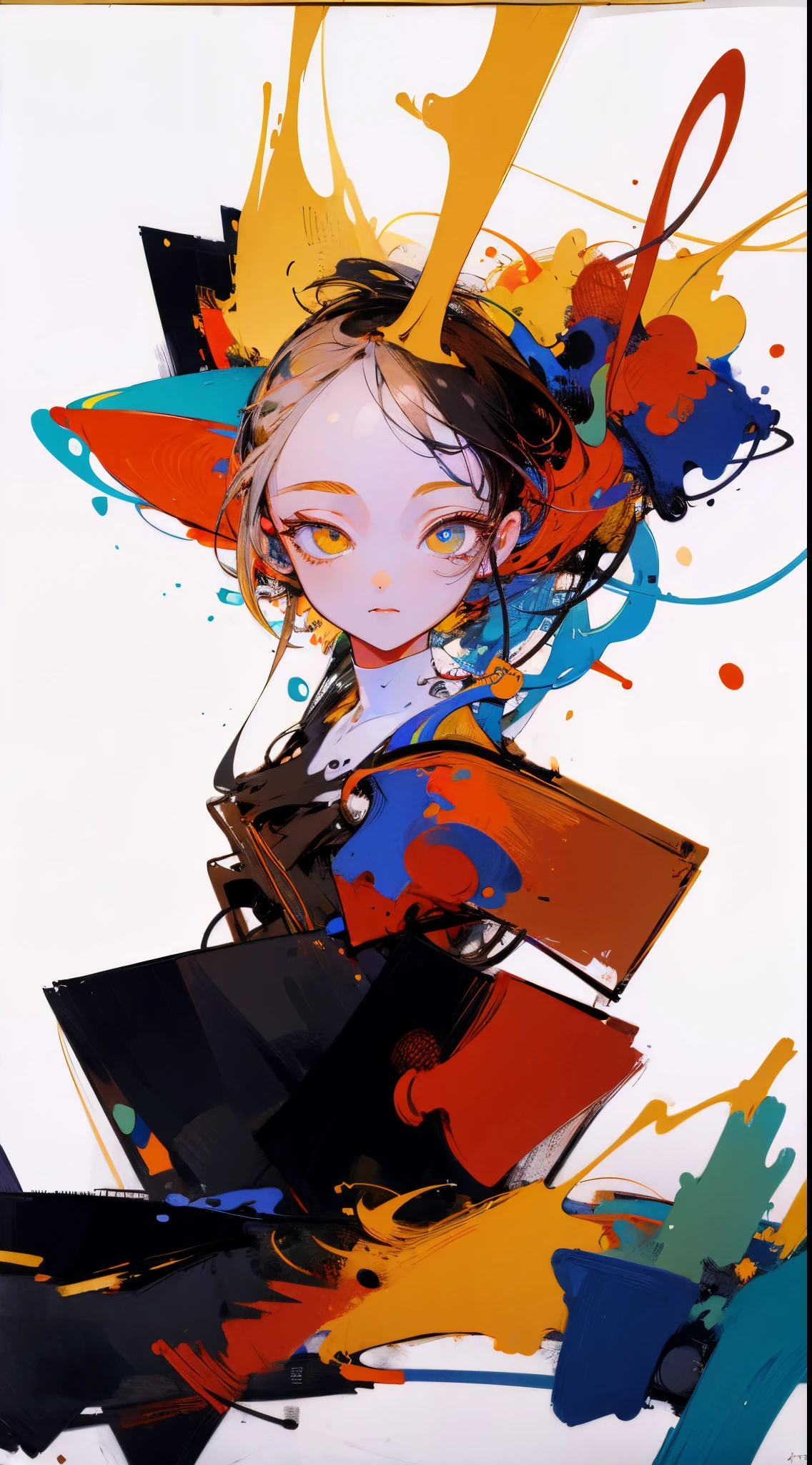 (girl, masterpiece, best quality, upper body:1.4), cute face, (no line, flat color:1.4), (bluish violet and bluish green theme:0.8), dress, (looking at viewer, 8k, 85mm portrait, official art, raw photo, absurdres, cinch waist:0.8), highlight, (floating colorful ink, splash:0.5), (abstract background:1.0), (HDR, facelight, clear lighting, sharp focus, highres, photography, realistic, highest detailed, extreme detailed, ultra detailed, finely detail:0.8), white background, [:(detailed eyes and face:1.4):10]