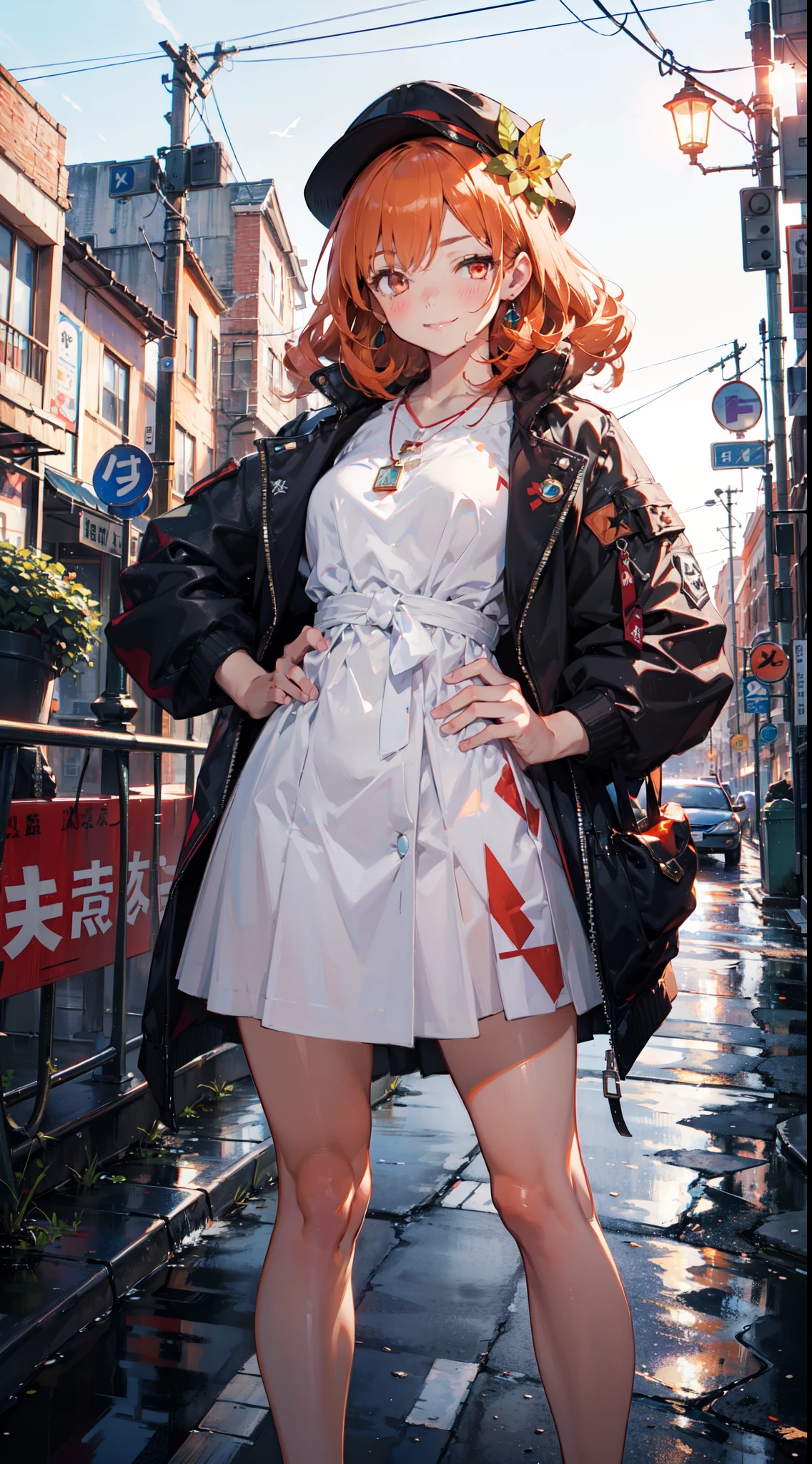 1girl, solo, yorigami jo'on, orange hair, drill hair, eyewear on head, orange eyes, jewelry, bow, white dress, purple jacket, pendant, earrings, hat, standing, hand on hip, looking at viewer, one eye closed, smirk, outdoors, city
