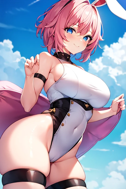 1girl, pink hair, very short hair, large breasts, breasts, wide hips, thick thighs, eula /(genshin impact), Eula /(Genshin Impact/), short hair, bunny ears, rabbit ears, fake animal ears, white bunnysuit, bunnysuit, black shorts, shorts, smile, light smile, blue eyes, black headband, gold trim, short pants, short shorts