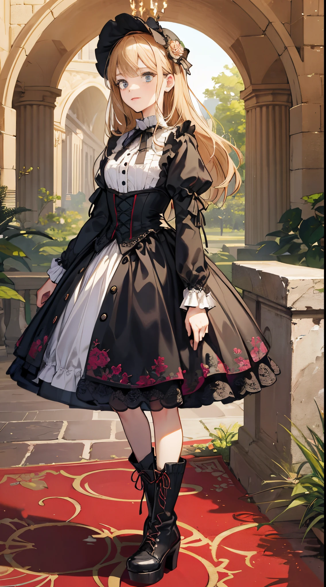 A woman in a dress and boots is standing in front of a building, baroque dress, in detailed steampunk dress, an elegant gothic princess, victorian gothic ****ta fashion, Historical Baroque Dress Dark, black gothic ****ta dress, fantasy style clothing, rococo dress, black rococo, classical witch, fantasy outfit, wearing a gothic dress, romantic dress, gothic dress