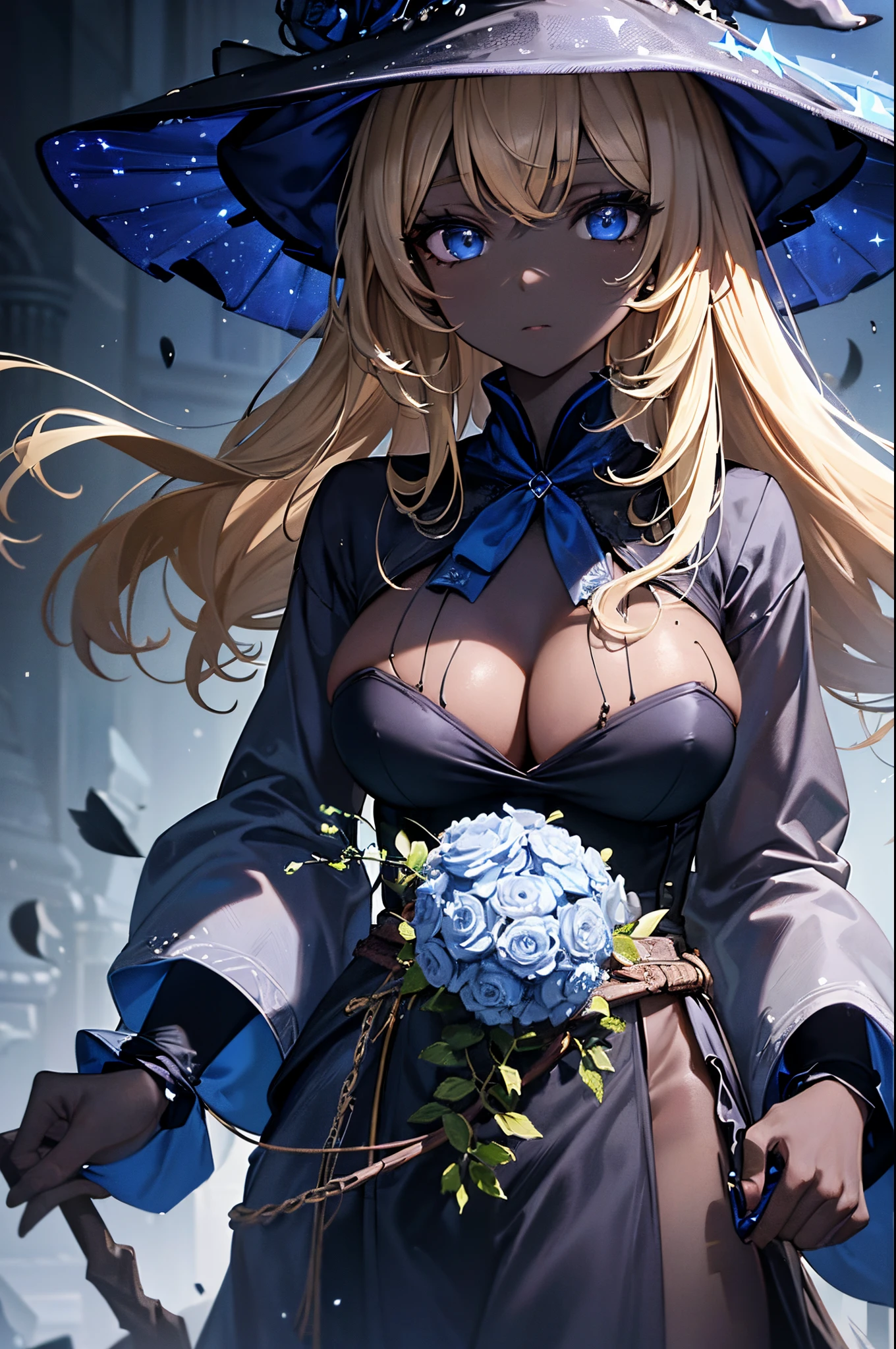(Masterpiece, Best quality, ultra high resolution),1girl, dark brown skin, blonde hair, large breasts, witch outfit, witch hat, beautiful and detailed face, detailed eyes, detailed nose, the girl is facing the camera bust and up only with a neutral look on her face ((gray and blue theme ))