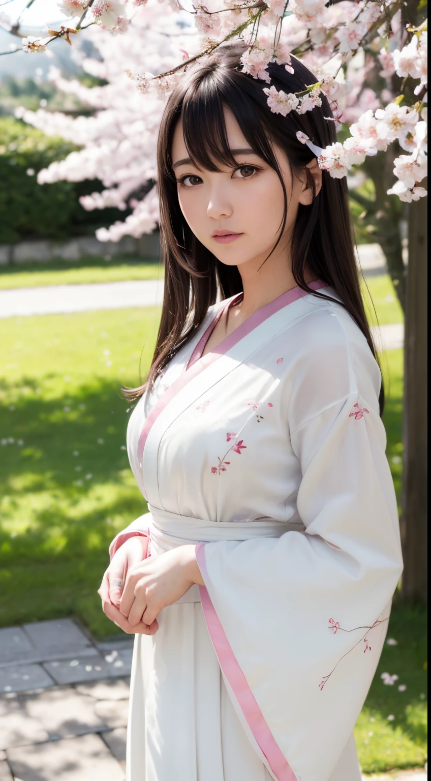 (A logo、​masterpiece、8K、masutepiece、Raw photo、Fantastic、Best Quality、Photorealistic and highly detailed CG integrated 8K wallpaper、hightquality、ighly detailed、epic poem、Particle effect、Dynamic effects、depth of fields、Cinematic Light、Lens Flare、Ray tracing)、Fantasia、 (Beauty 1 person、White Japanese Clothing、Japanese dress、White cherry blossom pattern、White cherry blossom embroidery pattern、A dark-haired、Beautiful face、Real Face、beautiful details eyes beautiful skin)、Hair flutters in the wind、Hair jumps、Pink cherry blossom tree、Petals flutter、Sakura blizzard、Superb view、morning glow、Sun in the background、the wind、Deities、tusk、myth、Vast Land、