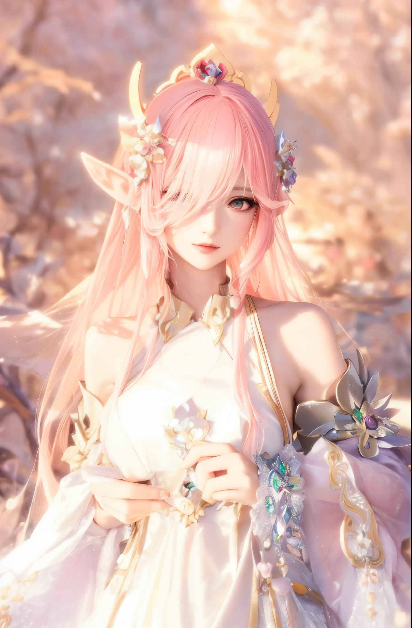 One wears a mask、Close-up of woman wearing skirt, ((beautiful fantasy empress)), 🌺 CG, Long flowing hair, EtherealBeauty, Ethereal!!!!!!!, beautiful and elegant elf queen, Ethereal fantasy, beautiful fantasy empress, floated hair, 8K octave rendered photo, Ethereal!!! hyper realisitc, Popular topics on cgstation, guweiz