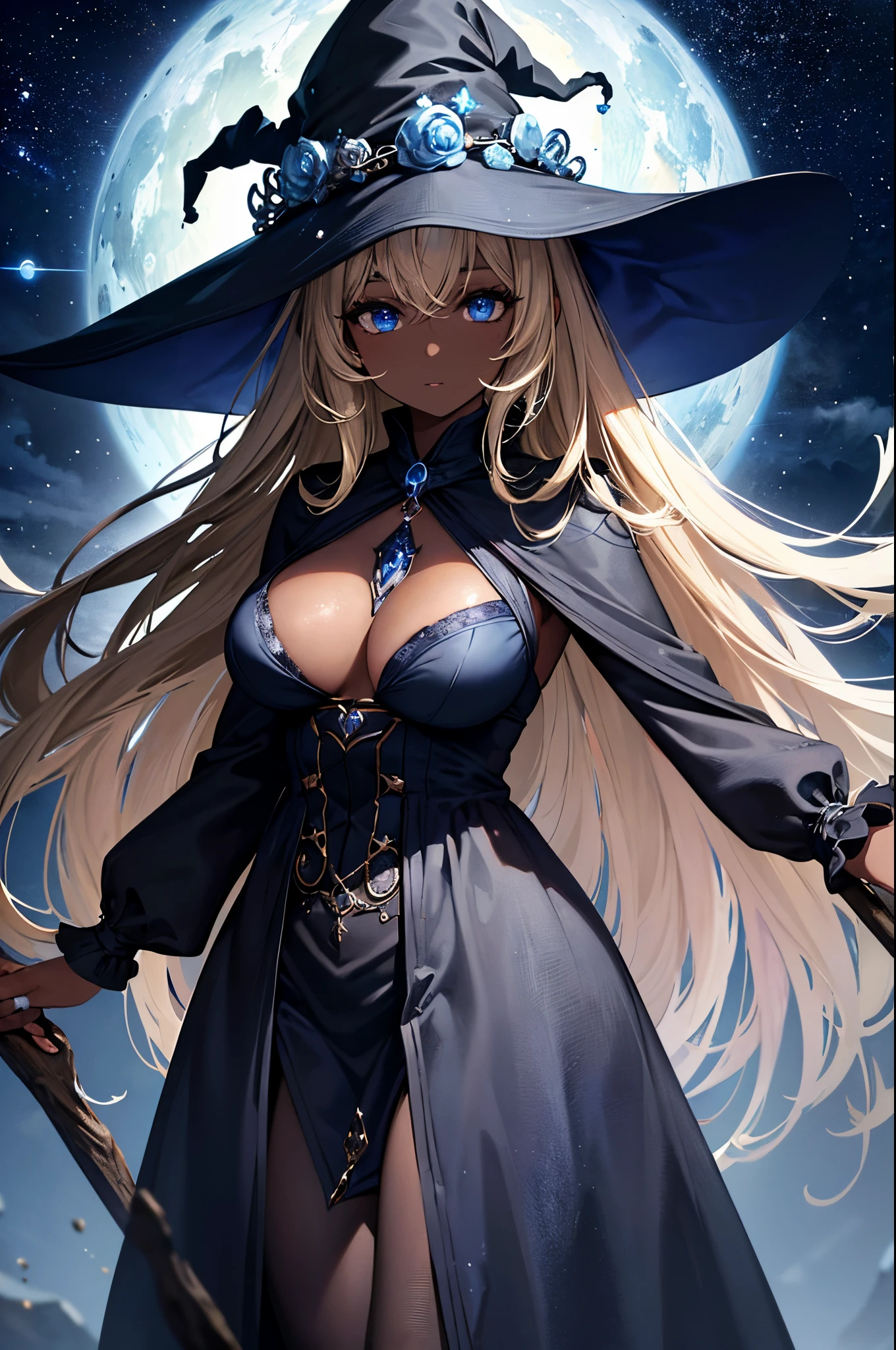 (Masterpiece, Best quality, ultra high resolution),1girl, dark brown skin, blonde hair, large breasts, witch outfit, witch hat, beautiful and detailed face, detailed eyes, detailed nose, the girl is facing the camera with a neutral look on her face the stars in the background ((gray and blue theme ))