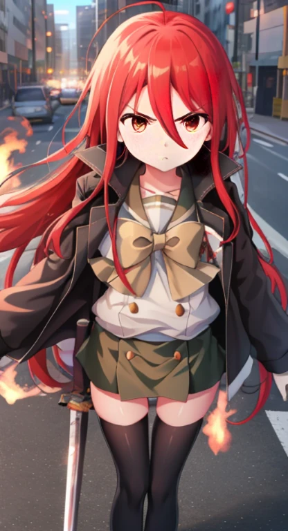 masutepiece, Best Quality,the Extremely Detailed CG Unity 8K Wallpapers,
1girl in,Shana,Red hair,Red Eyes,Ahoge,Misaki high school uniform(Winter clothes),Riders Jacket,arma(One Japanese sword),Grip the handle of the Japanese sword with both hands,the blade is engulfed in flames,knee high socks,lowfers,(In the street,rubble),expressioness(Serious face)