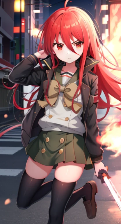 masutepiece, Best Quality,the Extremely Detailed CG Unity 8K Wallpapers, 
1girl in,Shana,Red hair,Red Eyes,Ahoge,Misaki high school uniform(Winter clothes)，Riders Jacket，arma(One Japanese sword)，Grip the handle of the Japanese sword with both hands，the blade is engulfed in flames，knee high socks，lowfers，(In the street，rubble)，expressioness(Serious face)