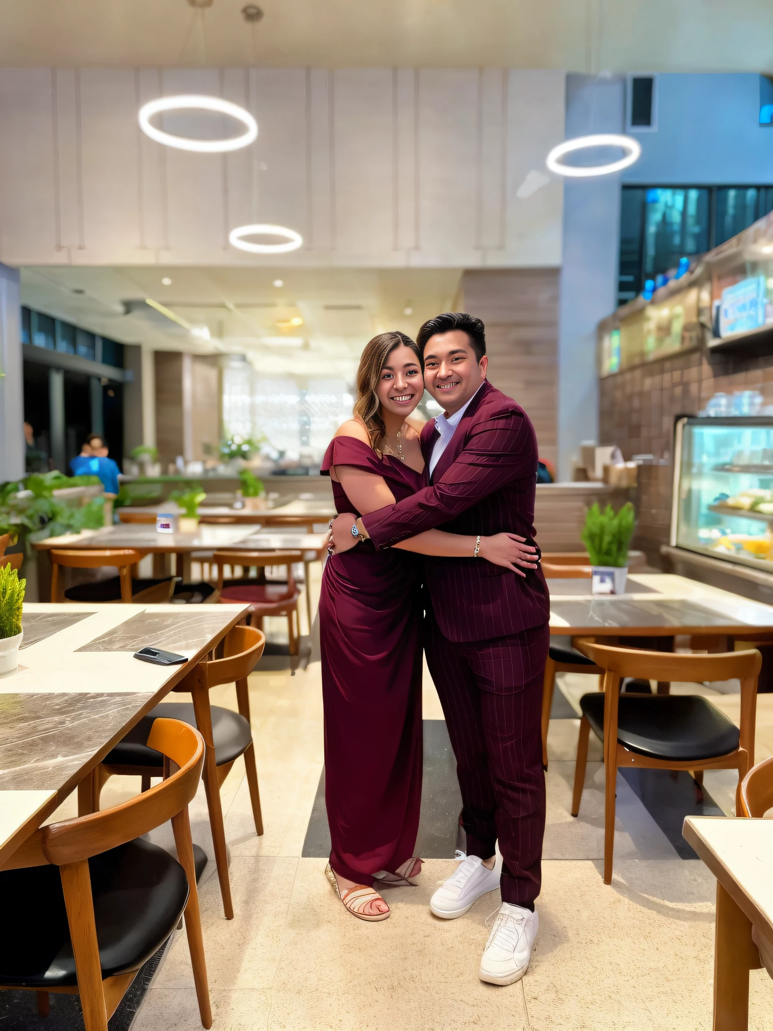 Two people standing in a restaurant hugging each other...., Pablo Carpio and Jordan Grimmer, full body photogenic shot, ruan jia and brom, Smooth in _ background, by Robbie Trevino, photo taken in 2 0 2 0, lovely couple, Wear a red formal dress..., happy couple, by Rhea Carmi, Shot at Golden Hour