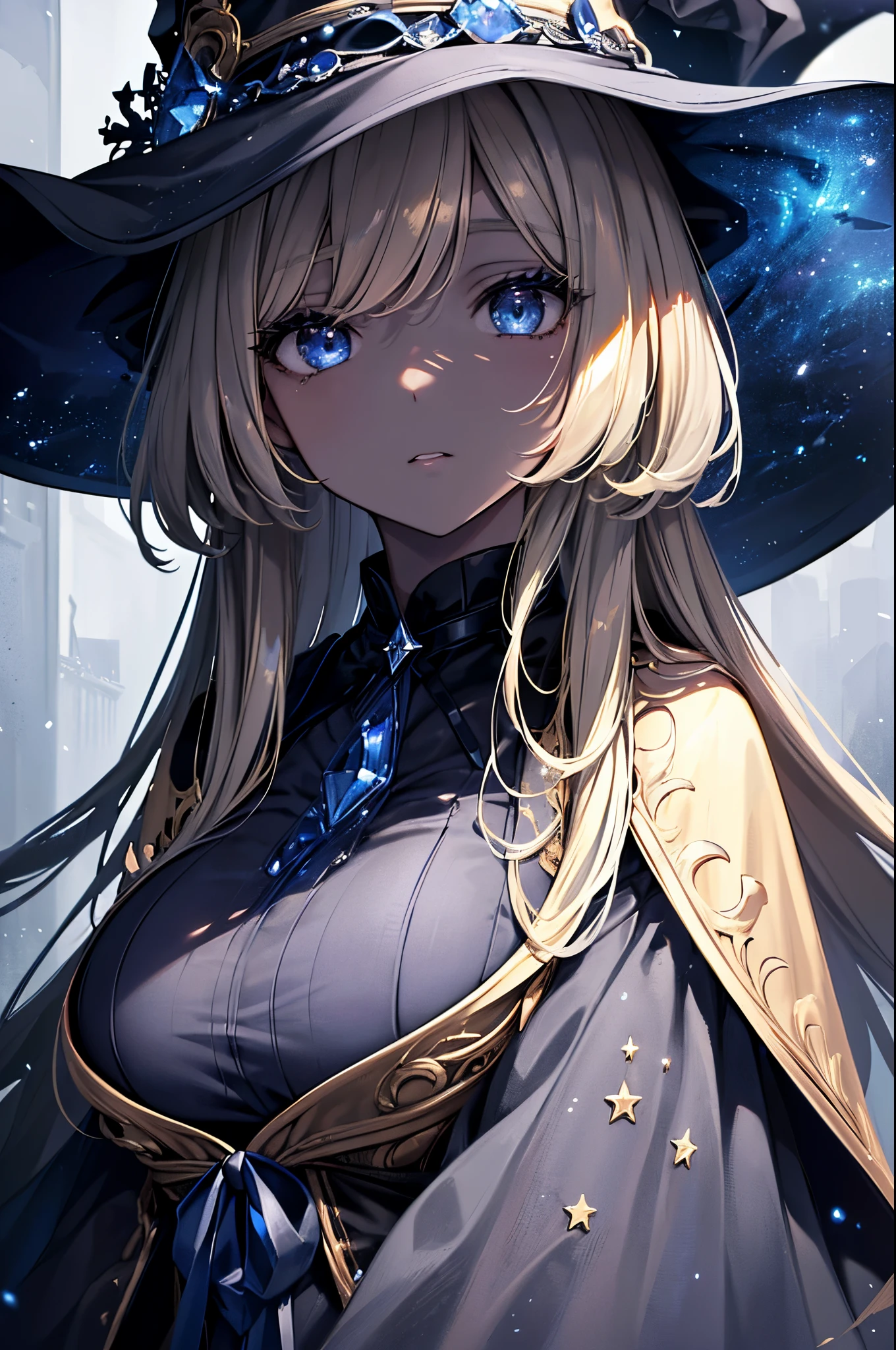 (Masterpiece, Best quality, ultra high resolution),1girl, dark brown skin, blonde hair, large breasts, witch outfit, witch hat, beautiful and detailed face, detailed eyes, detailed nose, the stars in the background ((gray and blue theme ))