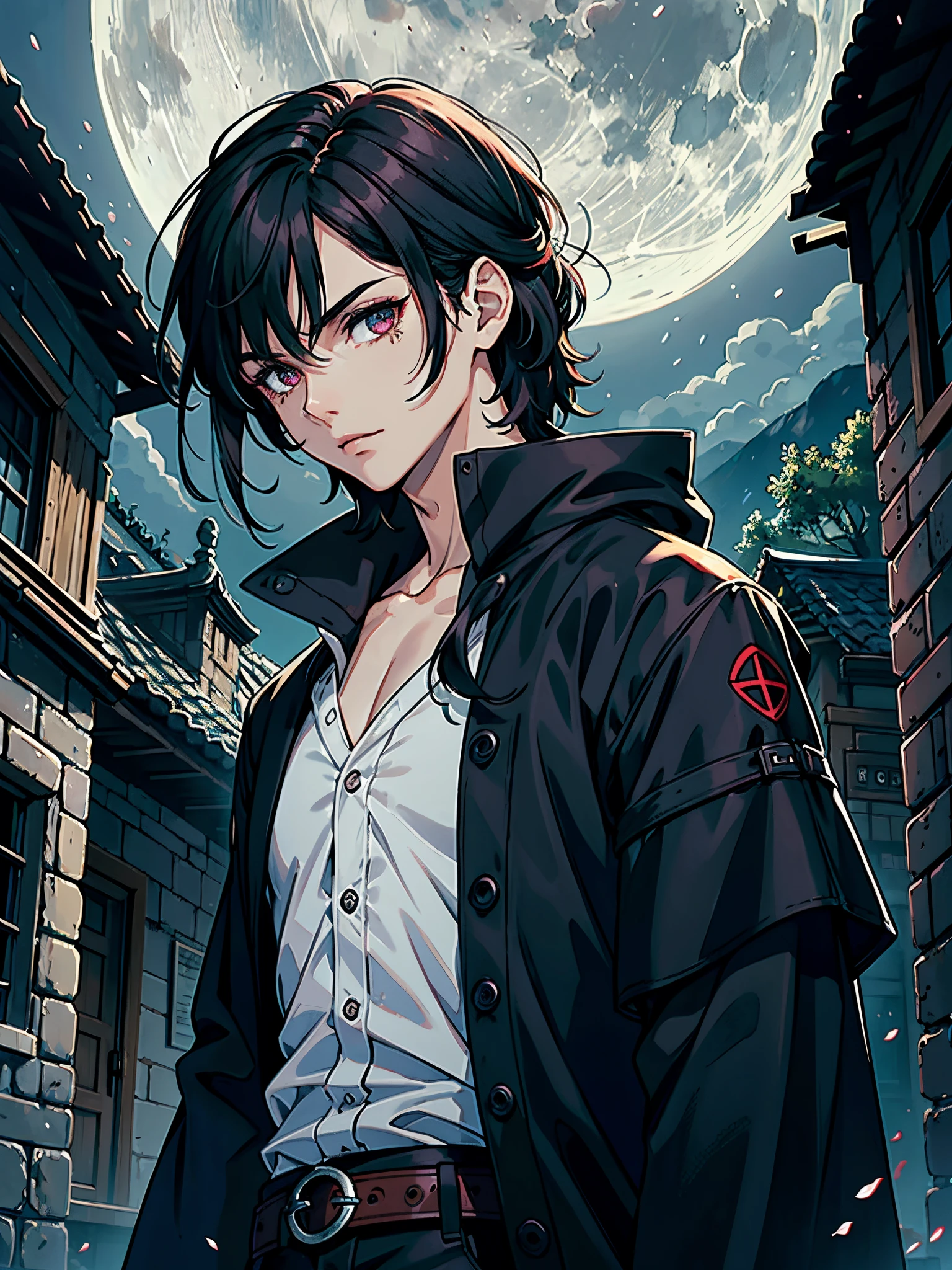 Libido boy,(male people),solo person,(pupils),(dreads),short detailed hair,tee shirt,the night,(Red Moon),(Big),(Ghastly),(terroral),Chinese rural architecture,Works of masters,Best image quality,Higher quality,high detal,超高分辨率,8K分辨率