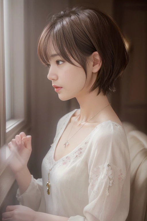 ( 1 人)、(top-quality)、(masterpiece)、(hight resolution)、(intricate-detail)、(Photorealsitic)、(Cinematic Light) 独奏、耳环、jewely、short-hair、Brown hair、s lips、portlate、profile、((cute little))、Attractive woman、Everyone longs for、a necklace、