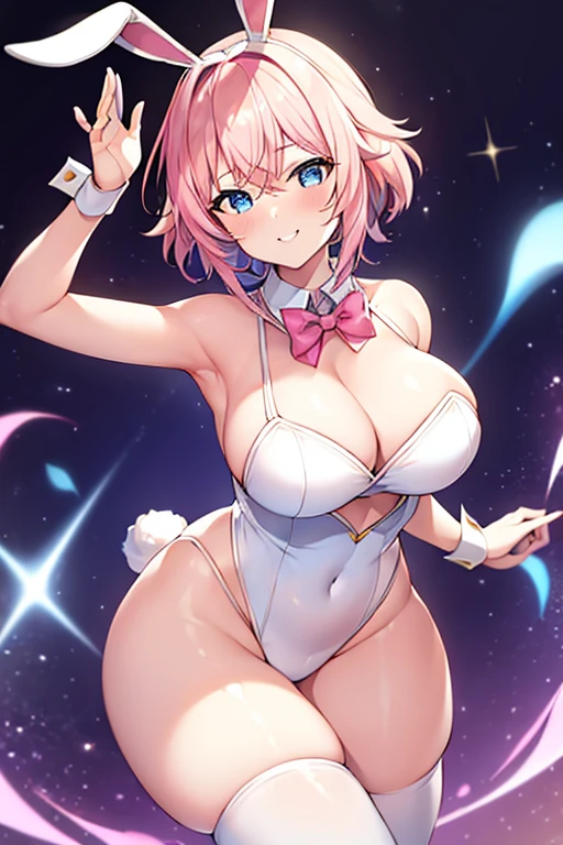 1girl, pink hair, very short hair, large breasts, breasts, wide hips, thick thighs, eula /(genshin impact), Eula /(Genshin Impact/), short hair, bunny ears, rabbit ears, fake animal ears, white bunnysuit, bunnysuit, smile, light smile, blue eyes, black headband, gold trim