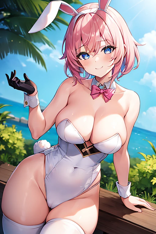 1girl, pink hair, very short hair, large breasts, breasts, wide hips, thick thighs, eula /(genshin impact), Eula /(Genshin Impact/), short hair, bunny ears, rabbit ears, fake animal ears, white bunnysuit, bunnysuit, smile, light smile, blue eyes, black headband, gold trim