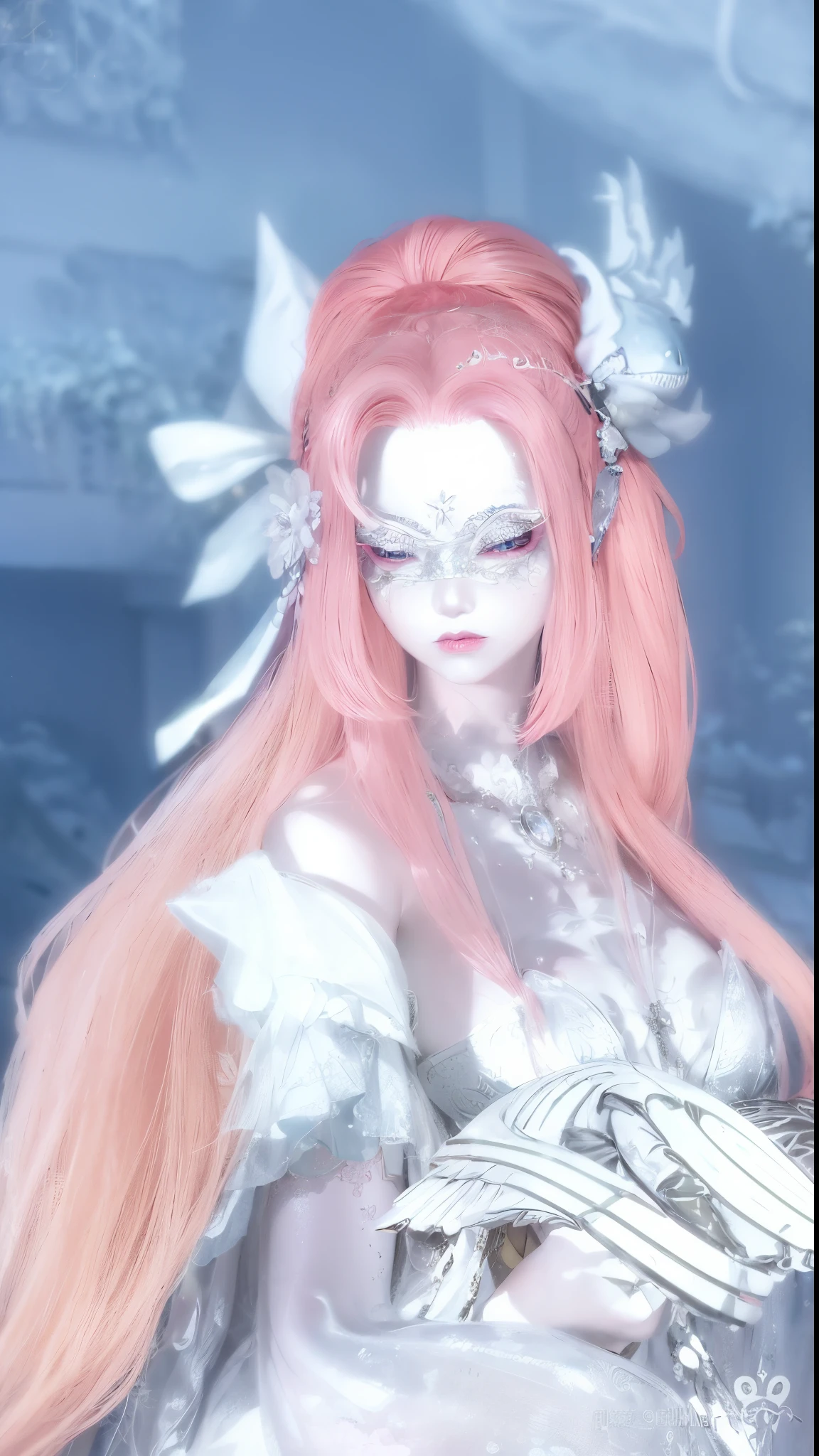 Has a pink hair、Woman in mask, ((beautiful fantasy empress)), Ethereal fantasy, albino mystic, Has white hair, I'm going, EtherealBeauty, Ethereal!!! hyper realisitc, Pink ponytail hair and cyan eyes, Has gray hair, Pale porcelain white skin, porcelain white skin, Detailed long white hair, fair skin
