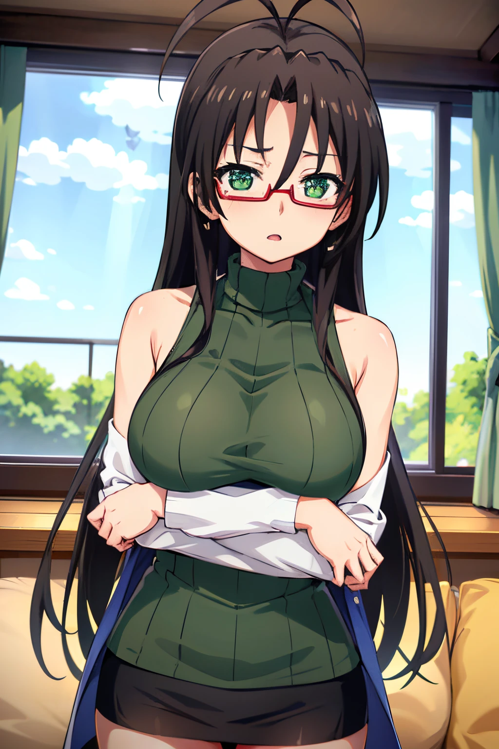 Chisato Hasegawa, 1girl, solo, glasses, antenna hair, long hair, black hair, green turtleneck, red-framed eyewear, green eyes, sleeveless, sweater, breasts, sleeveless turtleneck, bare shoulders, ribbed sweater, large breasts, green shirt, semi-rimless eyewear, indoors, from below, (masterpiece, Best Quality, Extremely Detailed, Ultra Quality, 4k)