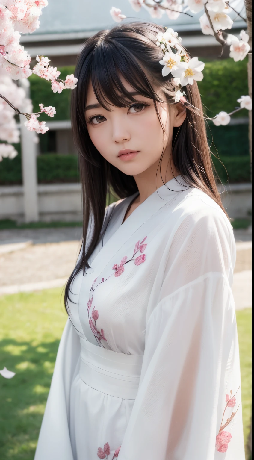 (A logo、masterpiece、8K、masutepiece、Raw photo、Fantastic、Best Quality、Photorealistic and highly detailed CG integrated 8K wallpaper、hightquality、ighly detailed、epic poem、Particle effect、Dynamic effects、depth of fields、Cinematic Light、Lens Flare、Ray tracing)、Fantasia、 (Beauty 1 person、White Japanese Clothing、Japanese dress、White cherry blossom pattern、White cherry blossom embroidery pattern、A dark-haired、Beautiful face、Real Face、beautiful details eyes beautiful skin)、Hair flutters in the wind、Hair jumps、Pink cherry blossom tree、Petals flutter、Sakura blizzard、Superb view、morning glow、Sun in the background、the wind、Deities、tusk、myth、Vast Land、