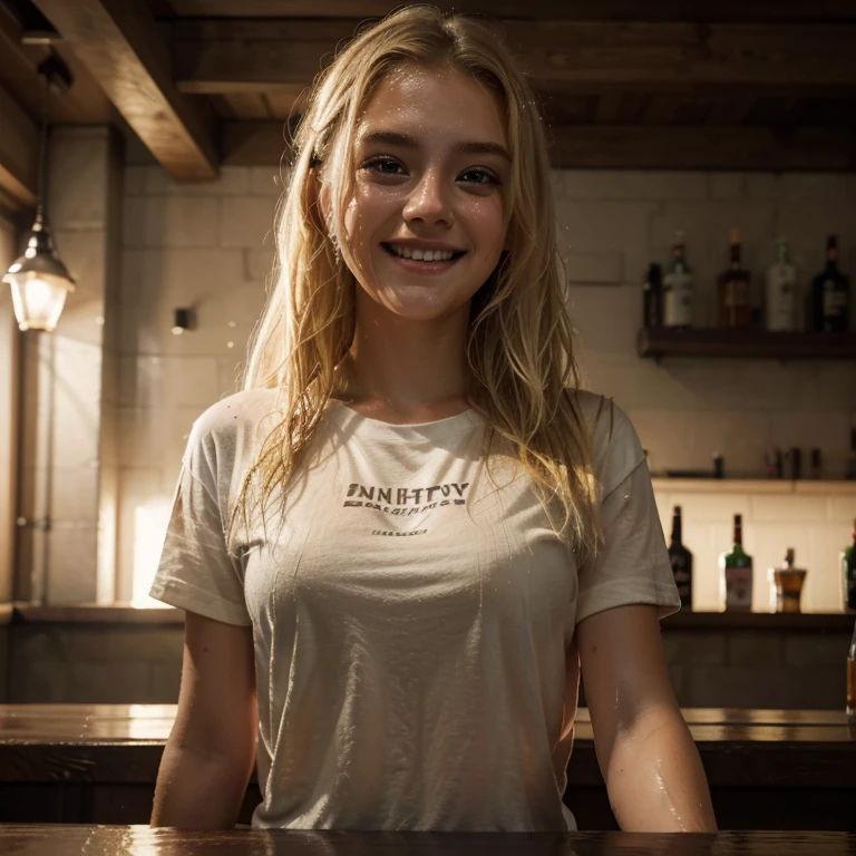 Masterpiece, best quality, (very detailed CG unity 8k wallpaperest quality), (best illustrationest shadows), 25 years old girl, blonde hair, face perfect, wet t-shirt, white hipsters, inside bar, laughing, blurred background, Film Lighting、Dramatic light, standing, photo from the front