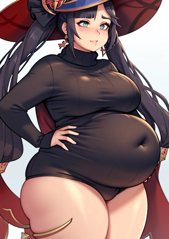 fat, big, belly, overweight, mona genshin impact, wearing a sweater