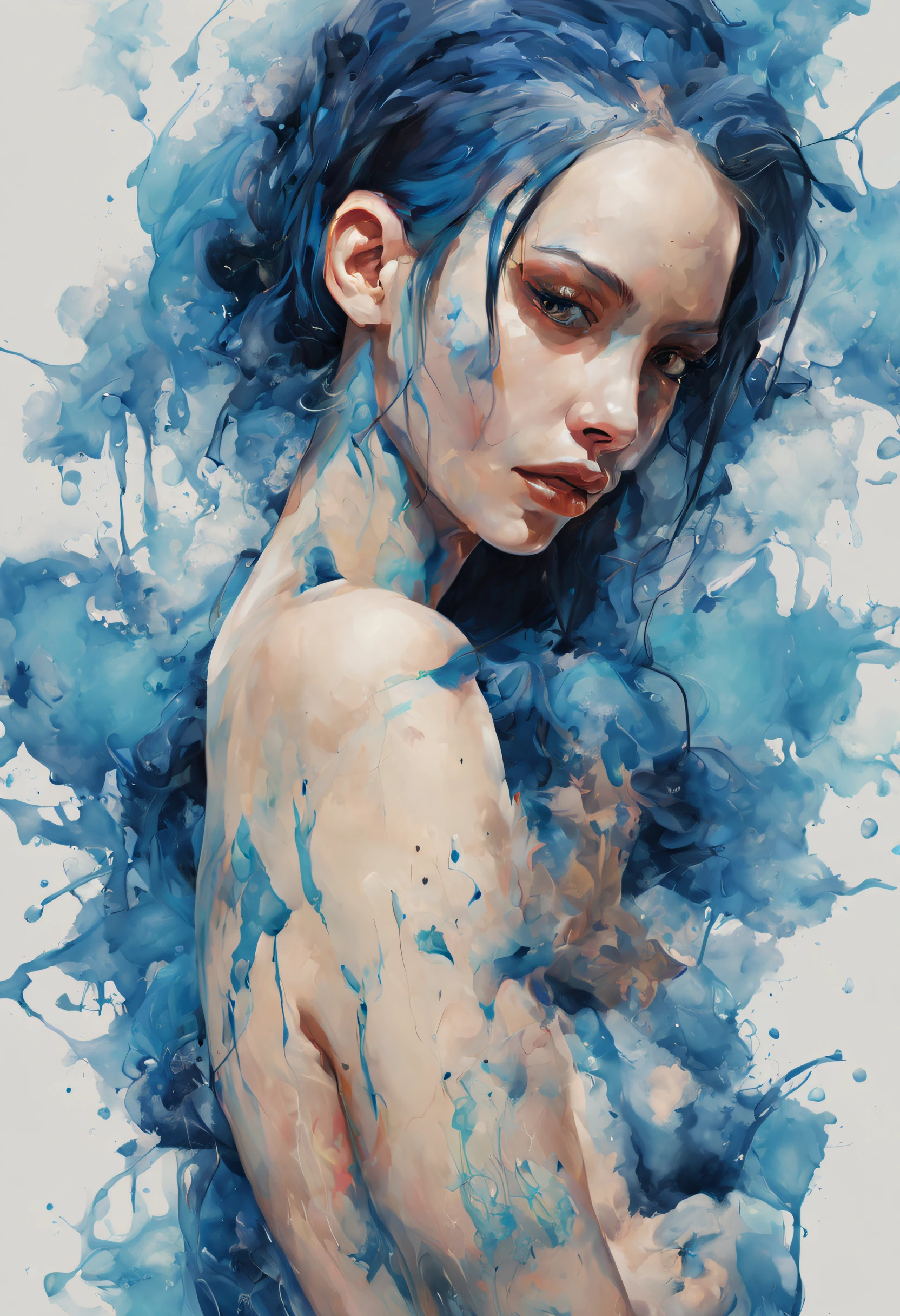 (oil painting:1.5), (NSFW:1.2), 1girl, feature, pureerosface_v1, Ambilight, slender waist, (blue tattoo, Paint poured on the body:1.3), (fingernails:1.2),
(splash, brushwork:1.5),double exposure, fussion of fluid abstract art,(original illustration composition),( fusion of limited color, maximalism artstyle, geometric artstyle)