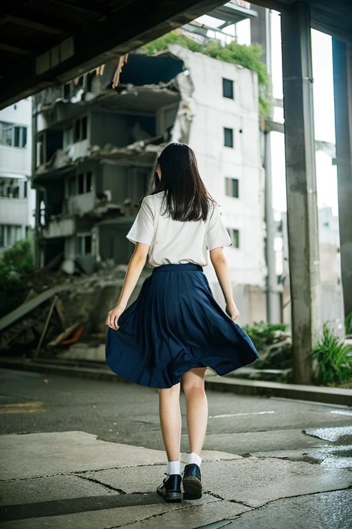 ((Inside a broken concrete building))、3 people、play、((Beautiful japanese girl))、a beauty girl、Cute same school uniform、Same sailor suit、18year old、bangla hair straight short hair, Height 170cm、8th class、((Long skirt to hide the knees))、((Navy long skirt below knee length))、Pitch black night、total darkness、(deep in the night)、the wind、Thin leg、Niō Standing、put strength into your body、((Photography equipment、Photography Staff、Reflector))、