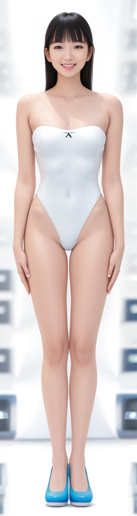 on the white background，a tall and beautiful chinese girl，with fair skin，Toothy smile，Hefty Smile，When you laugh, Your eyes are crescent-shaped，blunt bangs, hair straight，Wear a one-piece swimsuit and pumps，Swimsuits are decorated with joyful patterns, standing straight，stand firm，hands on sides，Symmetrical distribution，Ray traching，All shaded areas, led floodlights, forward light, 1.4x True-to-life Ultra HD