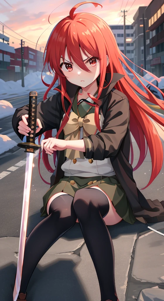 masutepiece, Best Quality,the Extremely Detailed CG Unity 8K Wallpapers, 
1girl in,Shana,Red hair,Red Eyes,Ahoge,Misaki High School uniform(Winter clothes)，Riders Jacket，arma(One Japanese sword)，Grip the handle of the Japanese sword with both hands，the blade is engulfed in flames，knee high socks，lowfers，(In the street，rubble)，expressioness(Serious face)，inside the barrier，Building rubble