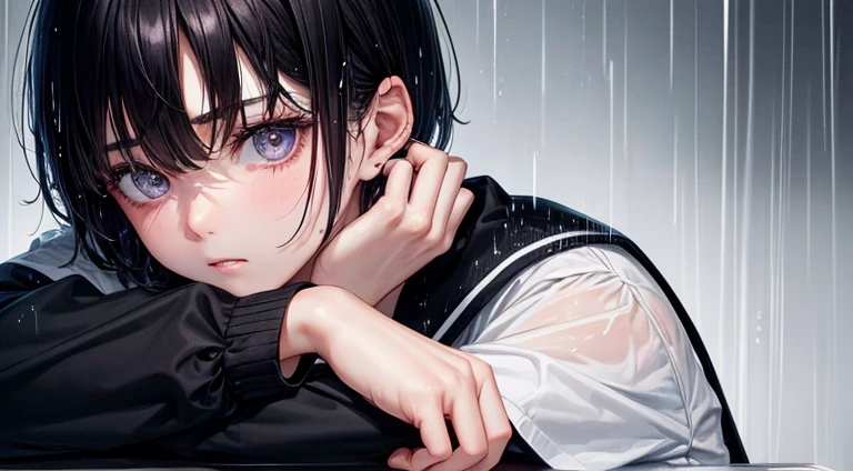1 girl, blank eyes, sharp black eyes, medium short hair, black hair,  school uniform, sneakers, highly detailed eyes, high quality eyes, best quality, pretty eyes, (masterpiece), wallpaper, rain drop, depressed look, sorrow atmosphere, sitting on a chair, wet hair, raining.