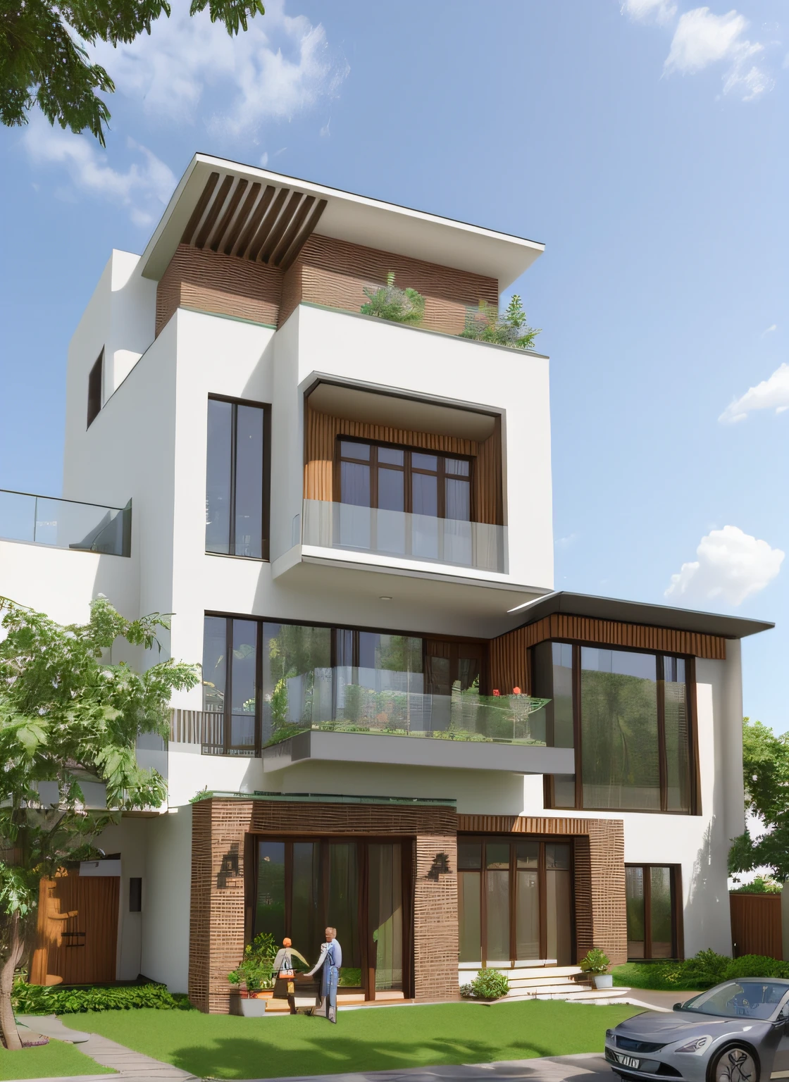 ((masterpiece, best quality)), 8K, modern house, glass curtain wall, wood plate, small plants, 3d render, realistic photo